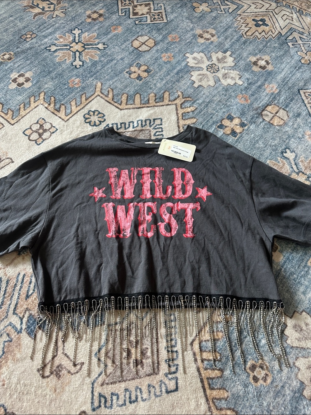 Wild West Fringe Crop Top - Dark Grey with Pink Graphics
